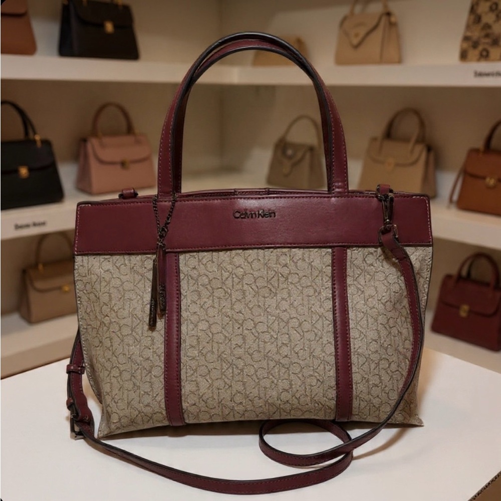 Calvin Klein Burgundy and Beige Signature Satchel